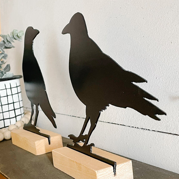 Black Metal Crows | Set of 2 Shelf Sitters | Halloween Metal Decor