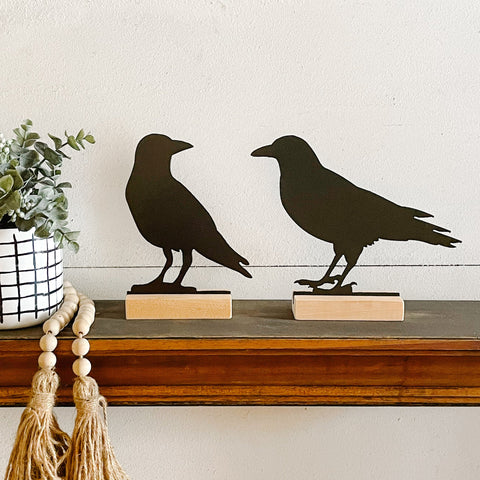 Black Metal Crows | Set of 2 Shelf Sitters | Halloween Metal Decor