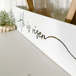 He is Risen Sign | White Metal Easter Decor