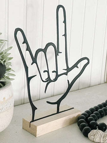 I Love You Metal Hand Sign on Wood Stand | Sign Language