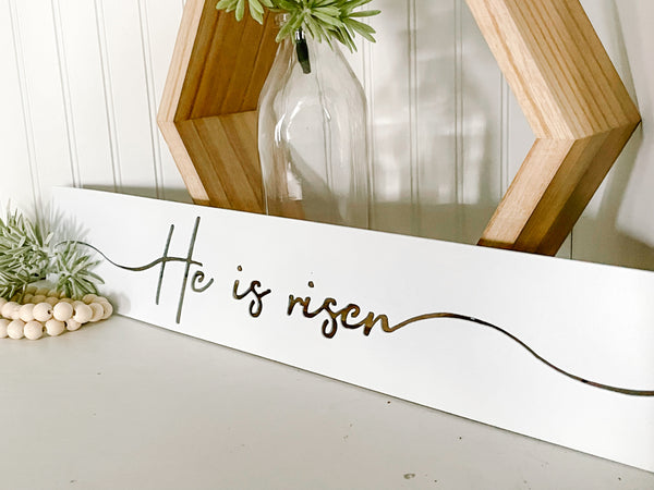 He is Risen Sign | White Metal Easter Decor