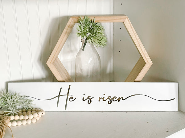 He is Risen Sign | White Metal Easter Decor