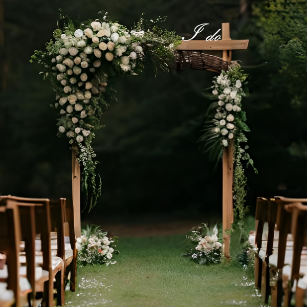 Decorative wedding arch with floral arrangements with metal sign accent