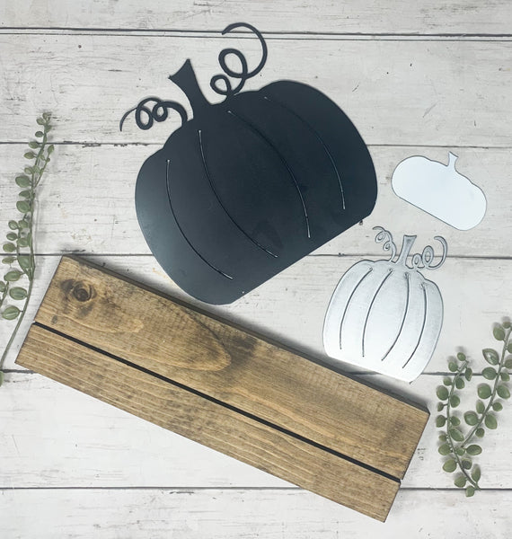 Neutral Color Fall Pumpkins on Wood Stand