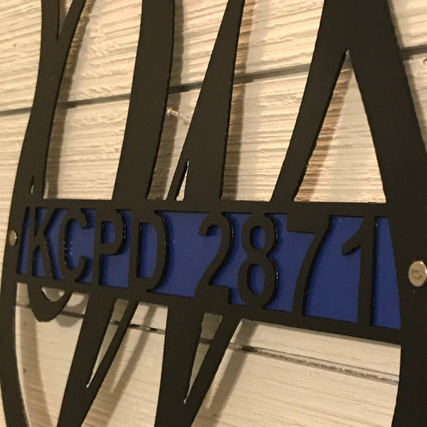 Badge with Thin Blue Line and Badge Number | Metal Cutout Police Sign