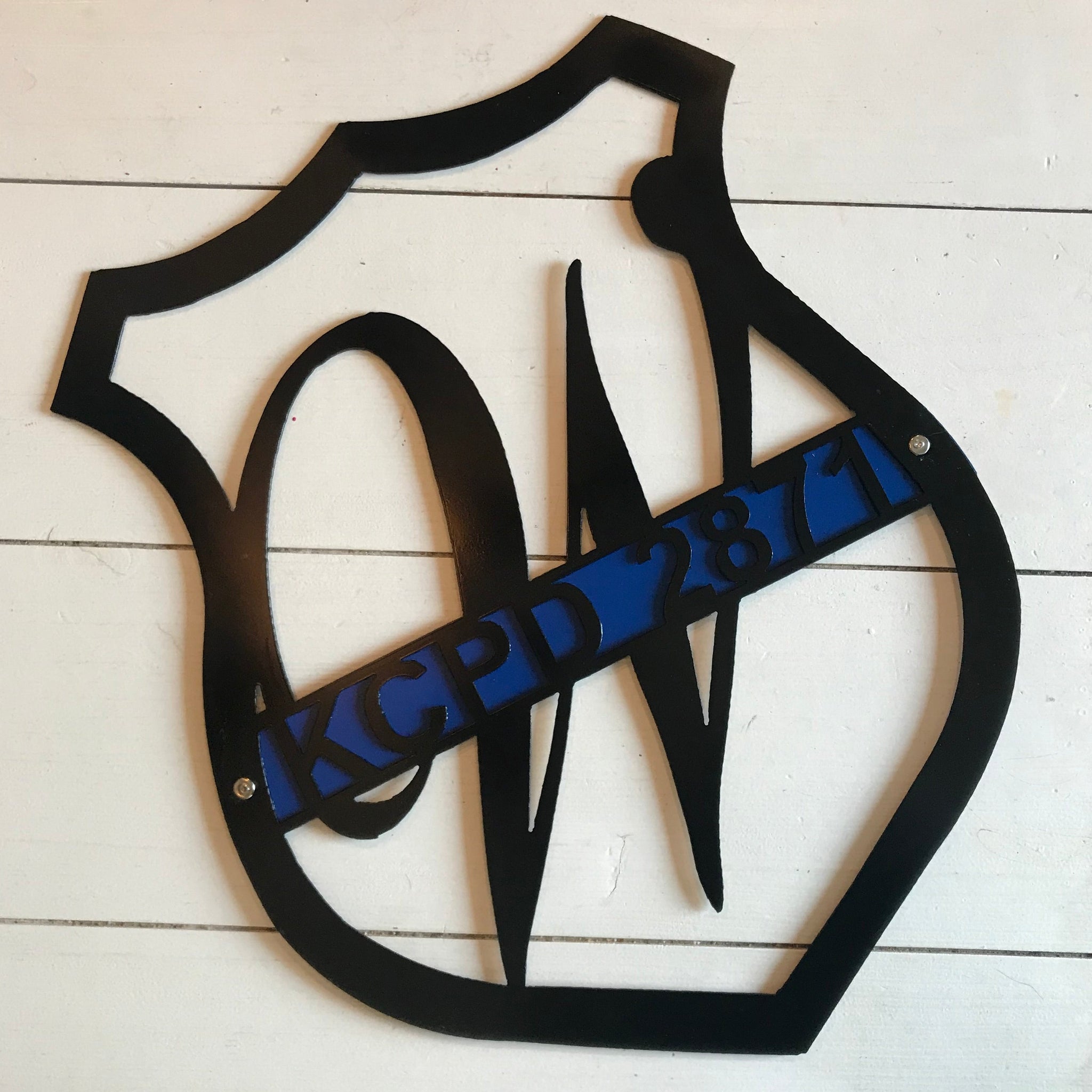 Badge with Thin Blue Line and Badge Number | Metal Cutout Police Sign