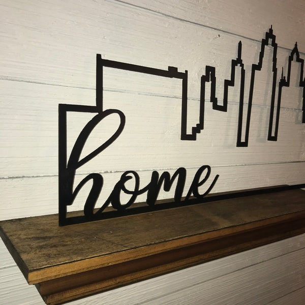 Kansas City Skyline Outline with Farmhouse Script Word "home"