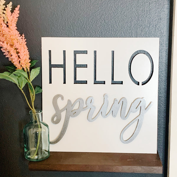 White Hello Spring Metal Cutout Sign