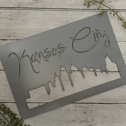Kansas City Script with Skyline Metal Sign