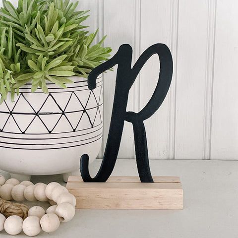 Black Metal Script Monogram Letter | Wood Stand Included