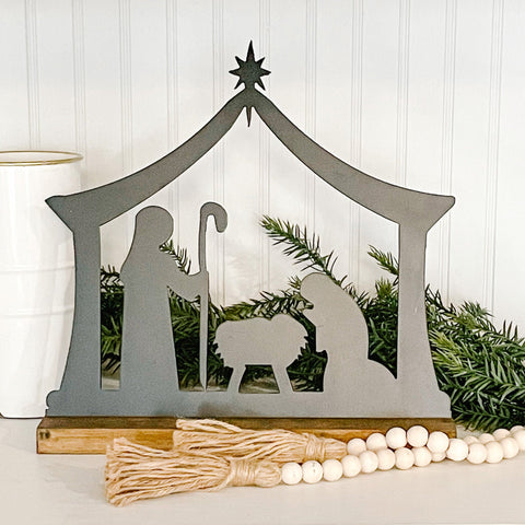 Black Metal Nativity Scene | Wood Shelf Stand Included