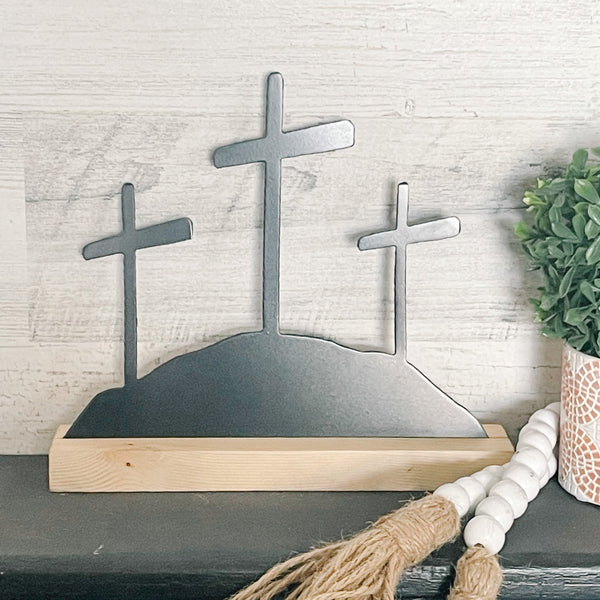 Three Metal Crosses on Hill with Wood Stand | Easter Shelf Decor