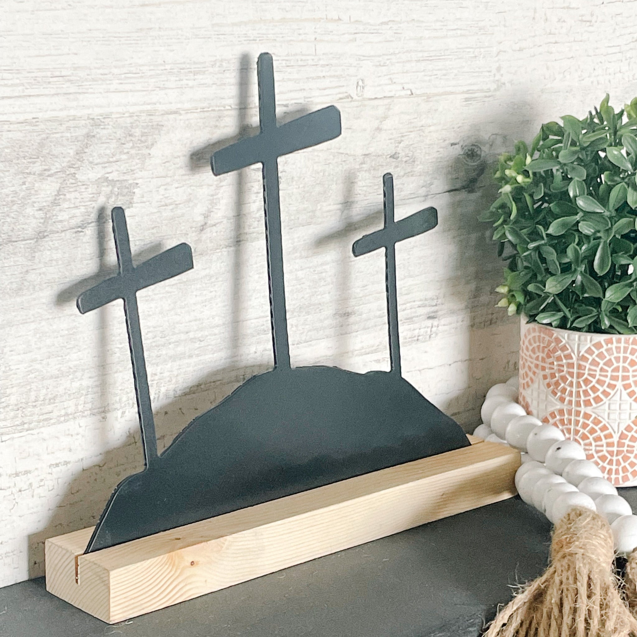 Three Metal Crosses on Hill with Wood Stand | Easter Shelf Decor